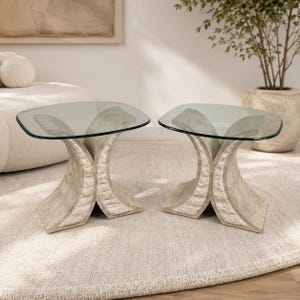Pair Vintage Magnussen 1990s Postmodern Sculptural Side Tables Glass Top Stone Look End Tables (Message for Custom Delivery Quote)