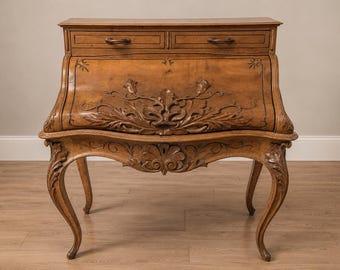 Antique Dutch Roll Top Desk 1874 Presentation Bureau | Ambachtsschool Student Made | Louis XV Rococo Revival Writing Desk