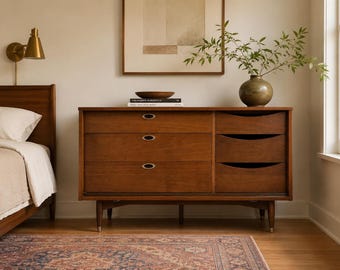 Signed Mainline by Hooker Walnut Lowboy Dresser 6 Drawer Mid Century Modern 54”