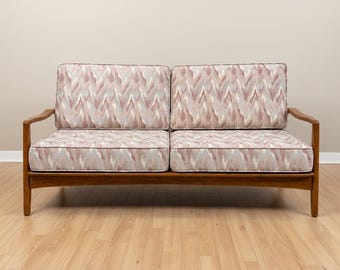 Vintage Mid Century Modern Solid Walnut Spindle Back Sofa in the Style of Selig | Kofod-Larsen | Danish Modern 3-Seat Couch | Free Shipping
