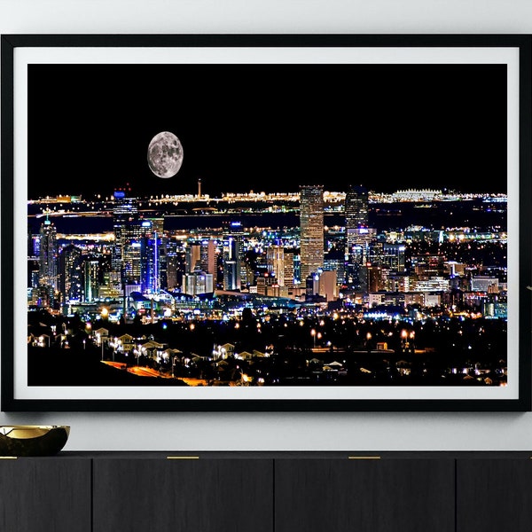 City of Denver, Colorado skyline at night, as seen from Red Rocks Amphitheater, Digital download, high res JPEG file -  30" X 15" panorama.