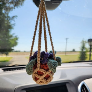 May include: A crocheted hanging plant with purple flowers and green leaves, hanging from the rearview mirror of a car.