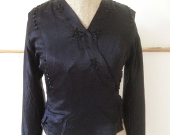 Stunning Antique Vintage Edwardian 1910s early 1920s black silk charmeuse blouse with jet beading detail and lace inset