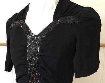Vintage 1940s black moss crepe and sequin blouse top UK 6-8