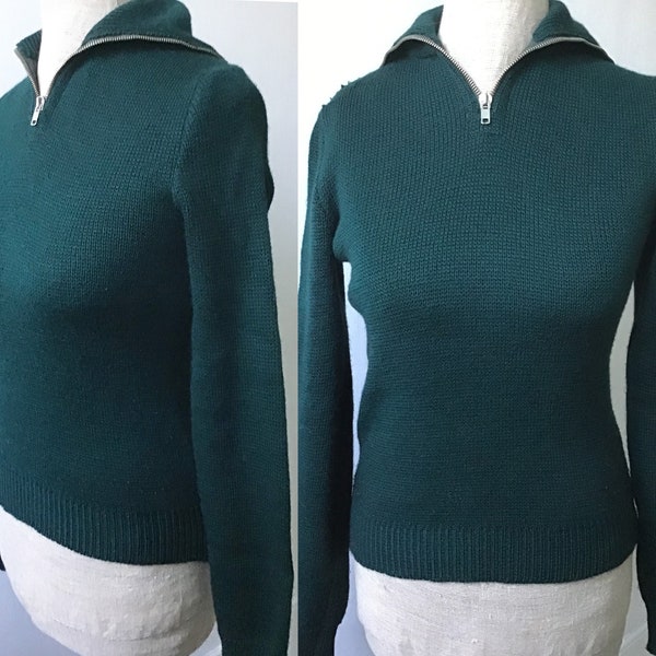 Vintage 1970s green wool jumper with zip / Knitwear / woollen / 1930s / 1940s Land Girl