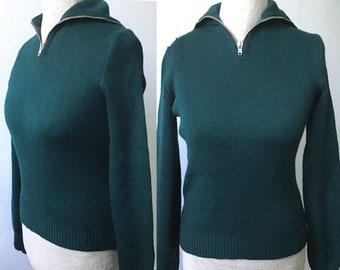 Vintage 1970s green wool jumper with zip / Knitwear / woollen / 1930s / 1940s Land Girl