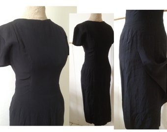 Vintage 1950s 1960s black dress, highly fitted, front and back over panel/flap detail, crew neckline / Secretary / Wiggle / W24