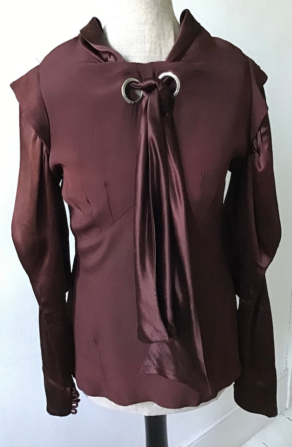 Vintage 1930s Art Deco blouse Burgundy satin backe