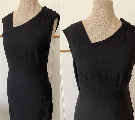 Vintage 1930s 30s black crepe asymmetric dress wi… - image 1