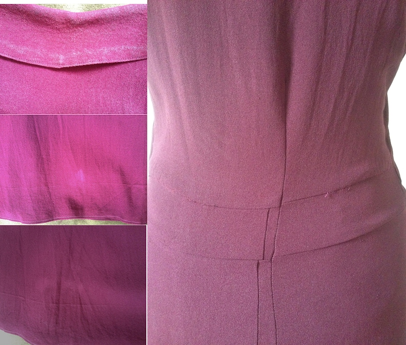 K&ouml;nnte beinhalten: Nahaufnahme eines magentafarbenen Kleides. Das Kleid hat ein eng anliegendes Oberteil und einen leicht ausgestellten Rock. Der Stoff scheint ein glattes, gewebtes Material zu sein. Der R&uuml;cken des Kleides hat eine vertikale Naht und eine horizontale Naht an der Taille.