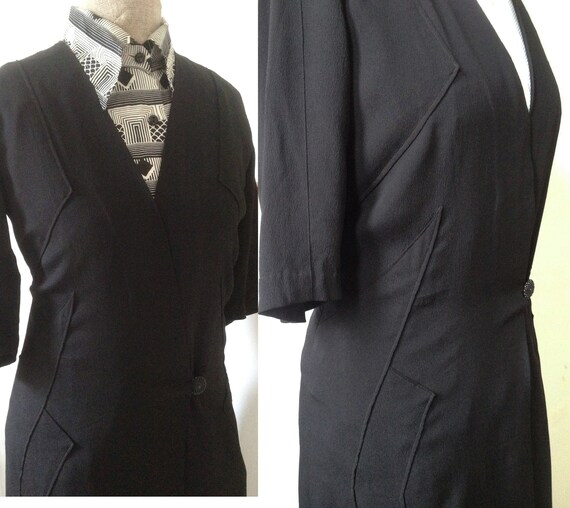 Vintage 1930s 30s Art Deco dress coat in black cre
