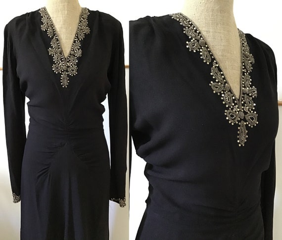 Stunning vintage 1940s black evening dress with r… - image 1