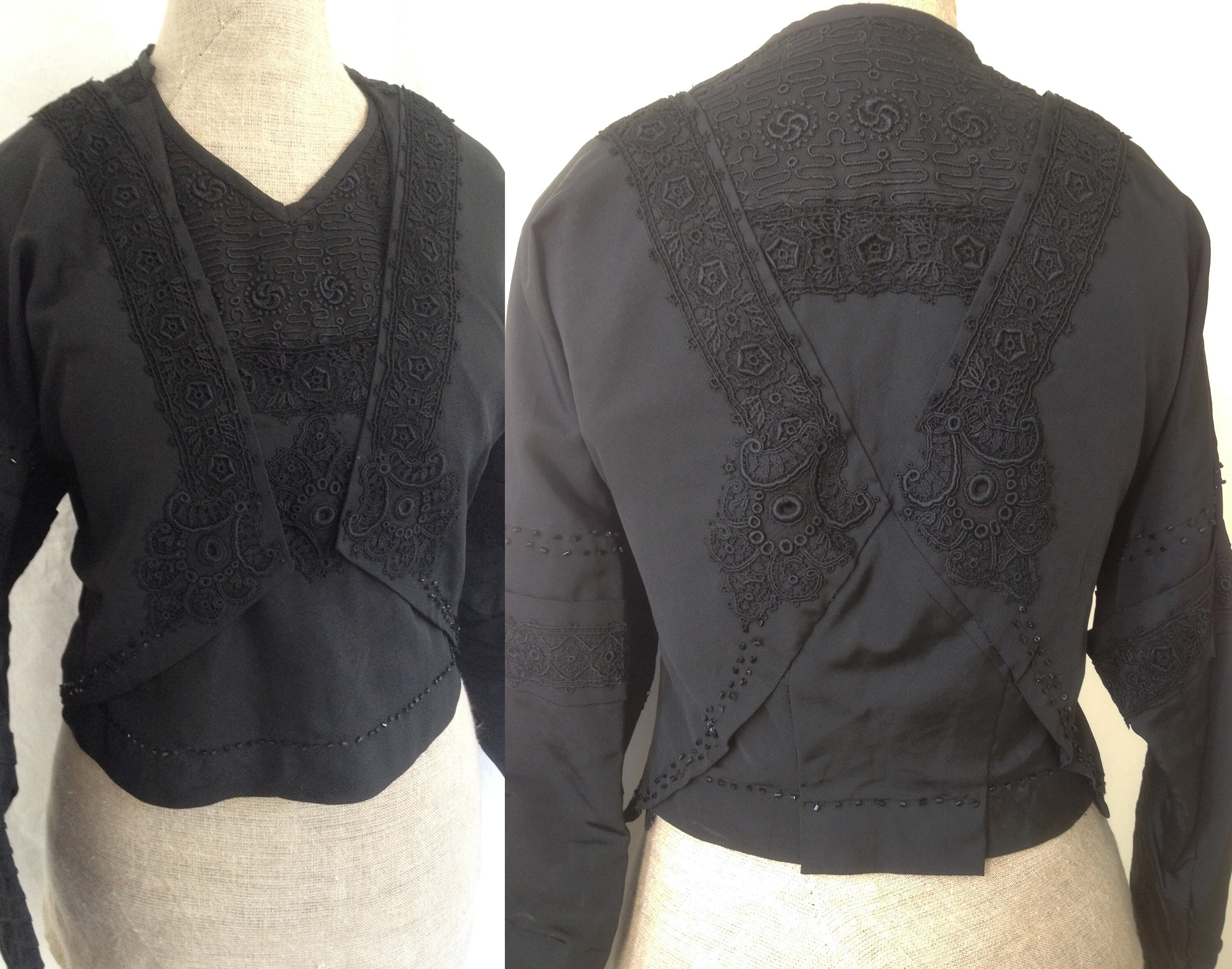 Image of Unusual & Stunning Victorian Vintage Antique Black Bead Lace Jacket Blouse With Attached Waistcoat