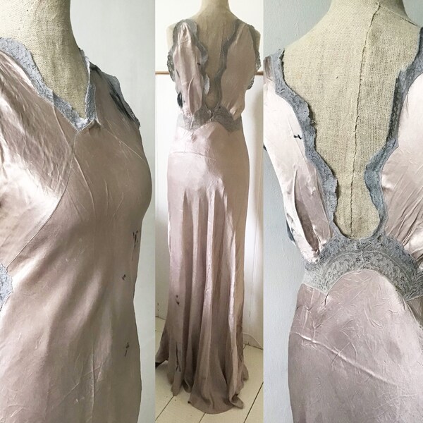 Vintage 1930s satin nightdress with lace trim and small train