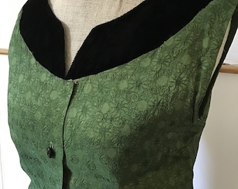 Vintage 1950s green waistcoat with black velvet collar