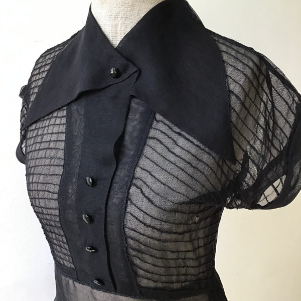 Vintage 1950s black chiffon pin tuck blouse with decorative buttons