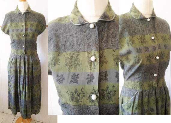 Vintage 1940s cotton summer dress / grey green