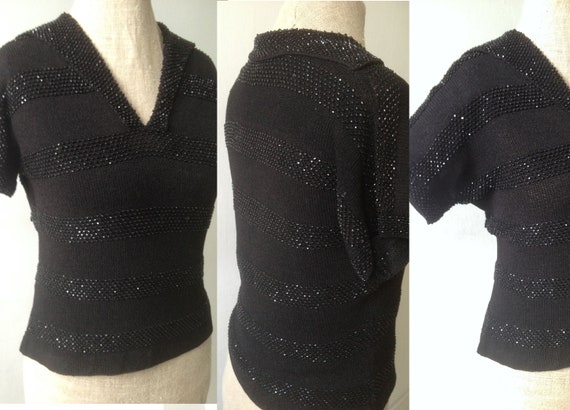Vintage 1940s 1950s black beaded jumper top 30s 40