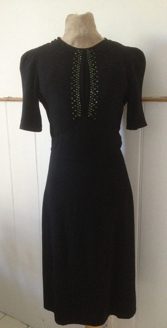 Vintage 1940s late 1930s black crepe and green di… - image 3