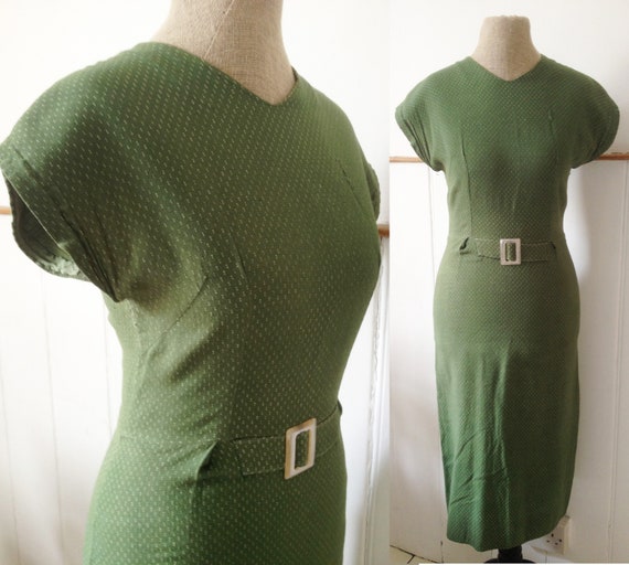 Vintage 1950s 1960s green cotton fitted wiggle dre