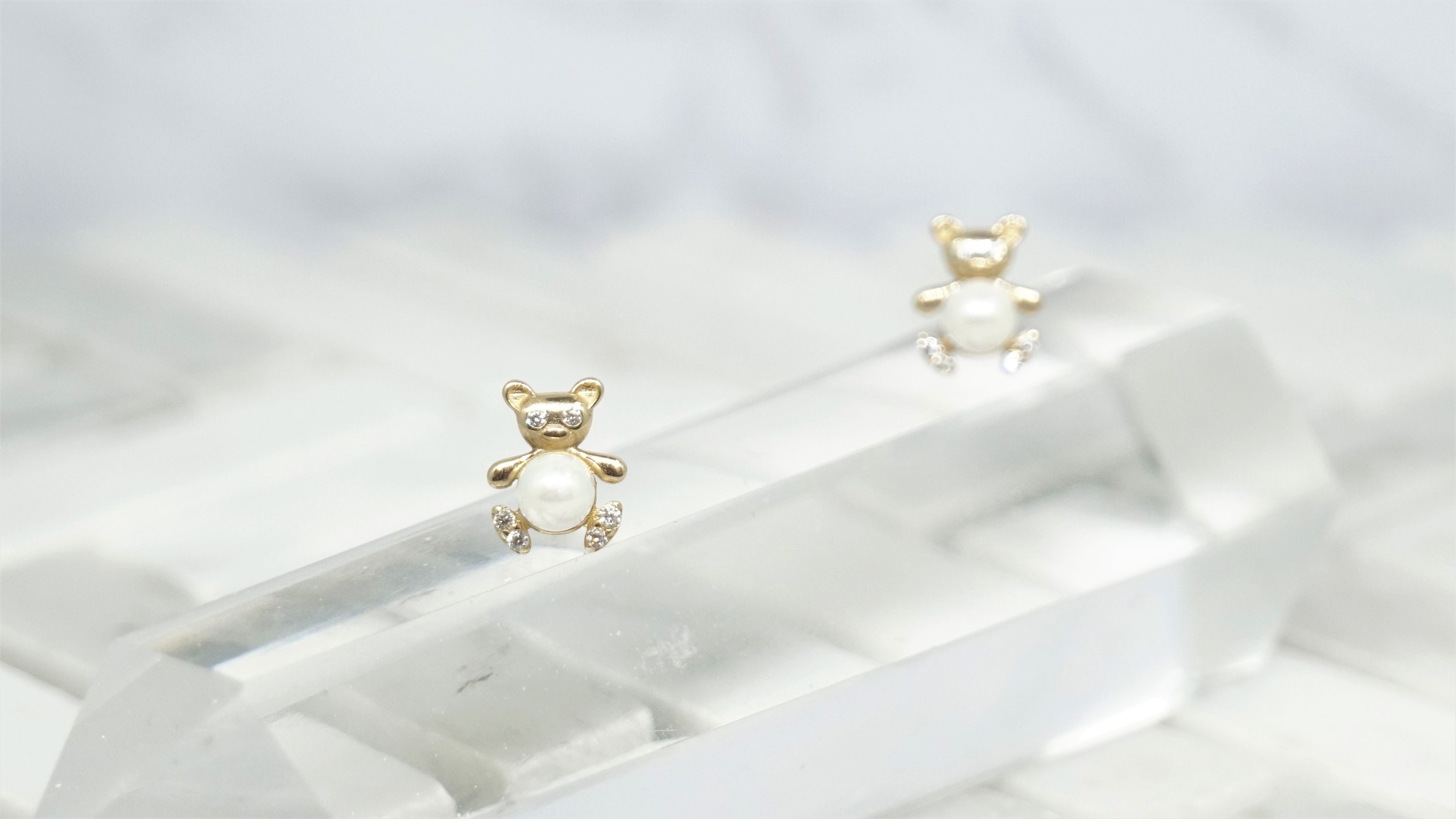 14k Yellow Gold Teddy Bear Earrings W/ Pearls &amp; CZ&rsquo;s | Etsy