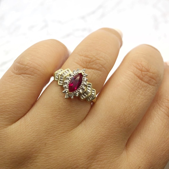 14k Vintage Art Deco Marquise Ruby and Diamond Rin