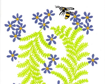 Block Print | Bee with Flowers | Original or Giclee Reproduction Poster