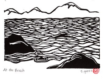 Block Print | At the Beach | Original Handmade Artwork | Unframed