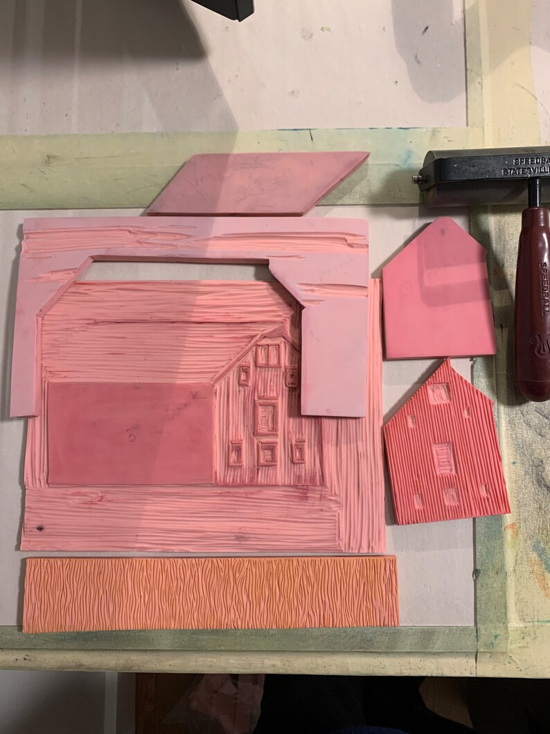 Red Bar Block Block Print Red Barn Original Handmade Artwork Unframed - Etsy