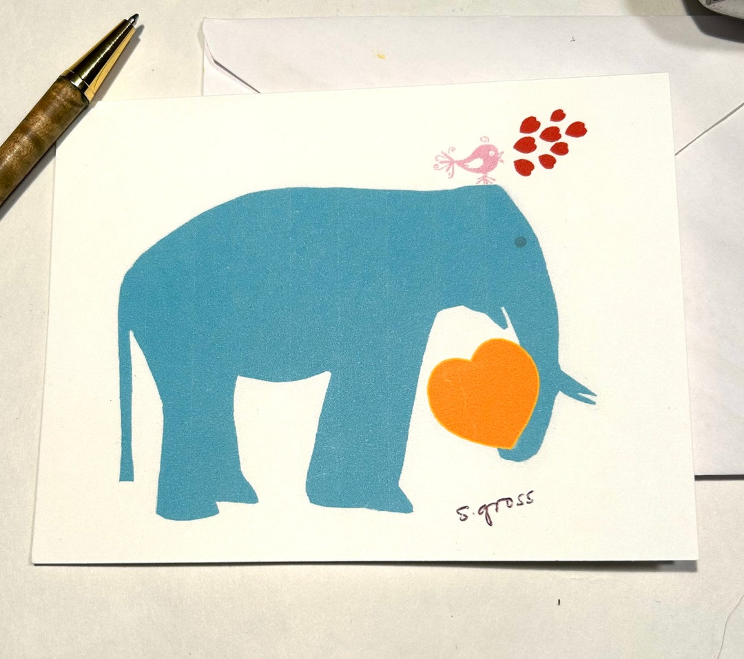 Notecard | Elephant With Birdie | Blank Card | Original Block Print ...