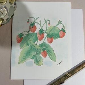 Puede incluir: Una tarjeta de felicitación con una ilustración en acuarela de una planta de frambuesas, con bayas rojas y hojas verdes. La tarjeta está firmada "S. gross", con un sobre blanco y un bolígrafo con diseño veteado.
