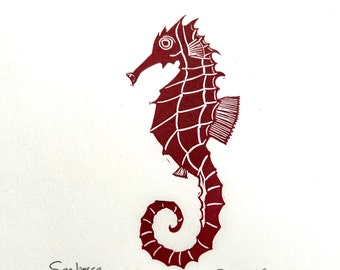 Linocut Print | Seahorse | Original Handmade Art | Unframed