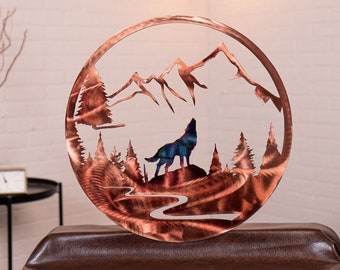 Wild Heart Wolf and Mountain | Handcrafted Copper Plated Steel Wall Decor