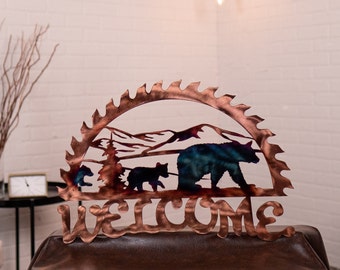 Bear Sawblade Welcome | Handcrafted Copper Plated Steel | Metal Wildlife Wall Decor