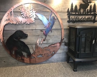 Duck and Dog Handcrafted Wall Art on Copper Plated Steel | Indoor Covered Outdoor Rustic Cabin, Lodge and Lake House Décor