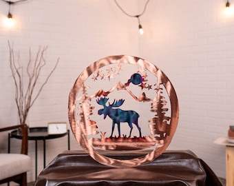 Moose and Mountain Handcrafted Copper Plated Steel Metal Wall Art