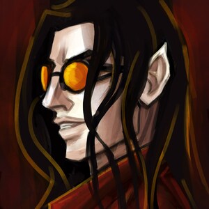 May include: A man with long black hair and a red jacket with gold accents. He is wearing yellow-tinted glasses and has a serious expression on his face.