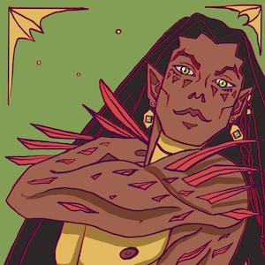 May include: A digital illustration of a person with long black hair, wearing a red and brown feathered garment. The person has green eyes and a geometric pattern painted on their face.