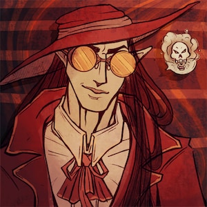 Peut inclure: Un homme aux longs cheveux noirs portant un chapeau rouge, une chemise blanche avec un nœud papillon rouge et des lunettes rondes à monture dorée. Il regarde vers la droite de l'image. Un crâne est visible dans un nuage derrière lui.