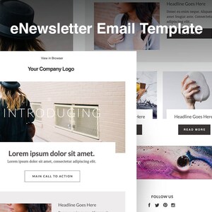 May include: A digital marketing email template with a clean, modern design. The template features sections for a company logo, headline, and body text, with images and call-to-action buttons. The words "eNewsletter Email Template" are at the top.
