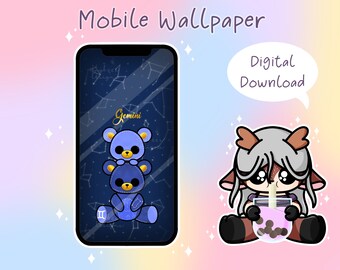 Gêmeos Zodíaco Plushie Papel de Parede | Fundo de telefone de download digital | Papel de parede fofo de Chibi