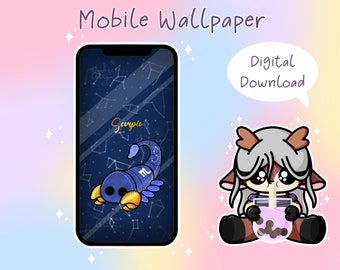 Escorpião Zodíaco Plushie Papel de Parede | Fundo de telefone de download digital | Papel de parede fofo de Chibi
