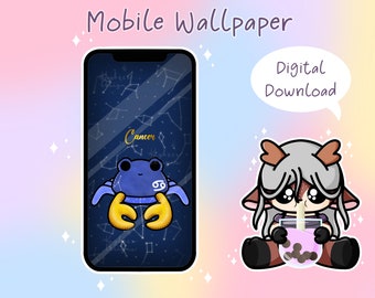 Câncer Zodíaco Plushie Papel de Parede | Fundo de telefone de download digital | Papel de parede fofo de Chibi