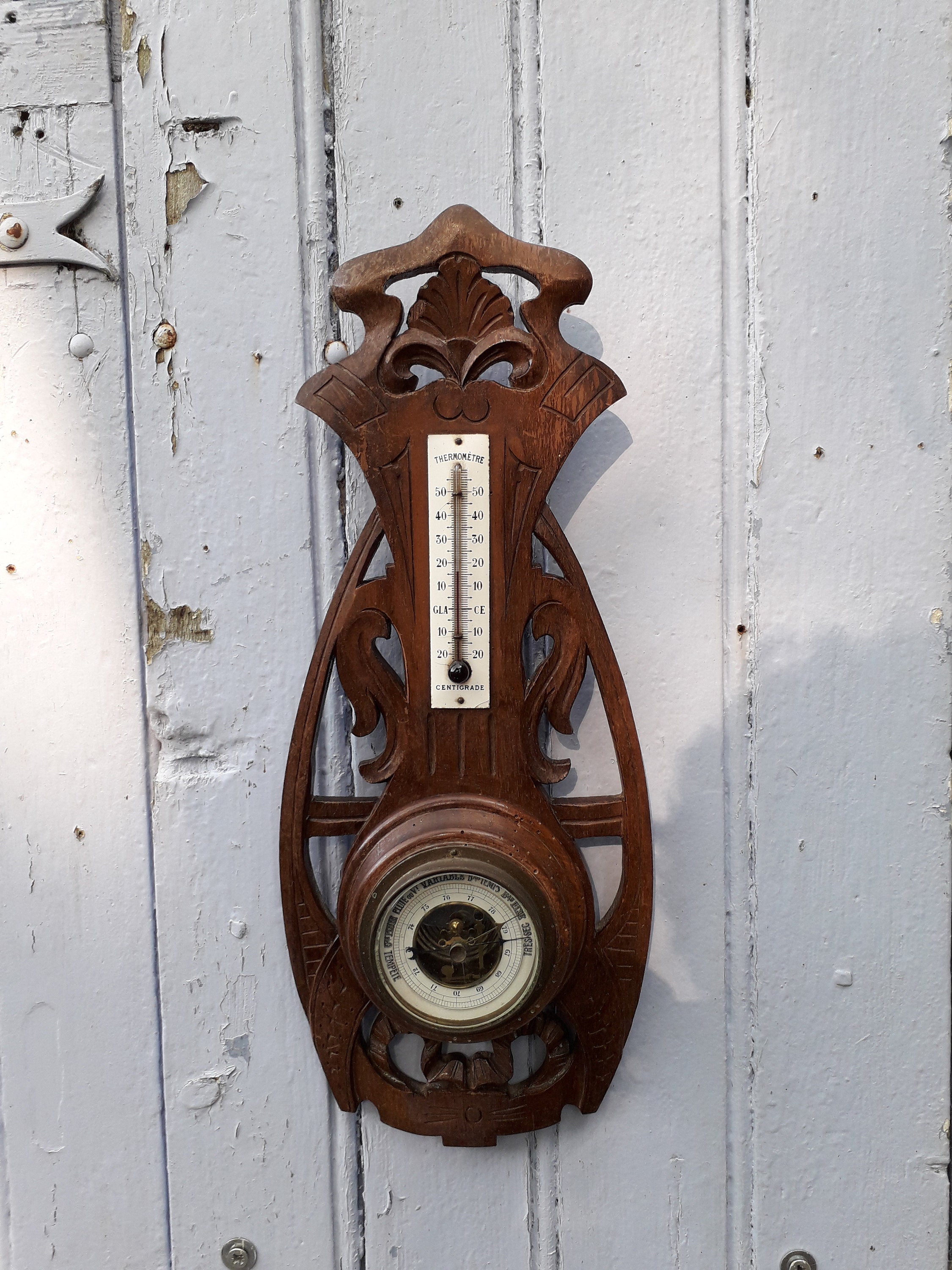 Baromètre Anéroïde Thermomètre en Bois Sculpté Art-Nouveau
