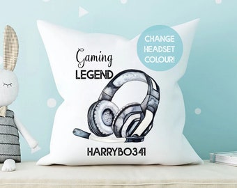 Personalised Gamer Cushion, Pillow, Gift, Boy or Girl,Name, Birthday Stocking Filler Secret Santa Room Decor Gamer Tag Legend Headset Stand