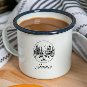 Personalised Engraved Enamel  Cup Mug, Cup Stocking Filler, Coffee Cup, Gift for Him or Her, Your Name, Mum, Dad, Kids, Adventure, Camping