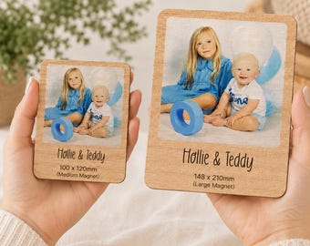 Personalised Wooden Photo Magnet, Custom Fridge Magnets, Photo Gift For Mum, Dad, Mothers Day, Fathers Day, Oak, Set, Stocking Filler, Large