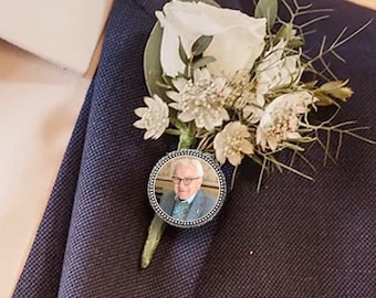 Personalised Groom Photo Charm, Button Hole, Tie Pin, Lapel, Memorial, Boutonniere, Father of the Bride Groom Remembrance Badge Token Enamel