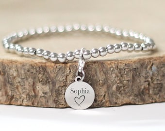 Pulsera De Cuentas Con Corazón Bañado En Plata De Ley Con Cristal Negro