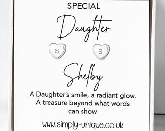 Personalised Fine Sterling Silver .999 925 stud earrings, Box & Personalised Backing Card, Special Grandaughter, Daughter, Sister Friend Etc